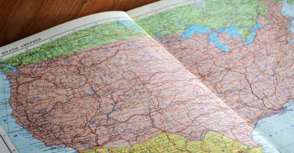 High-angle view of a vintage map depicting the United States with intricate details.